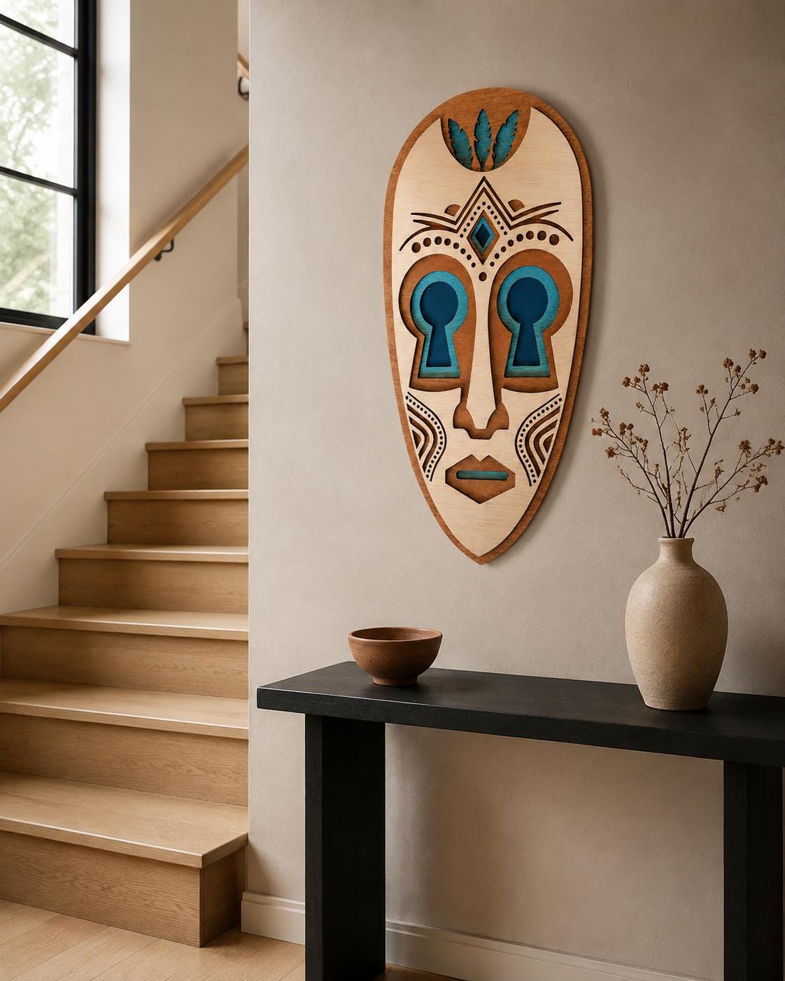 Savanna Spirit Mask – Layered Wooden Wall Art | African-Inspired Tribal Mask