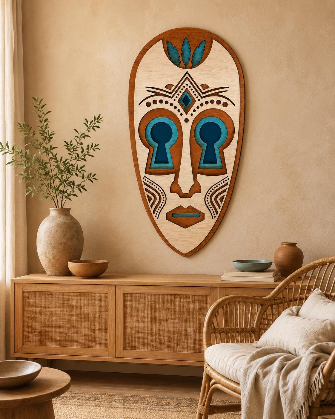 Savanna Spirit Mask – Layered Wooden Wall Art | African-Inspired Tribal Mask