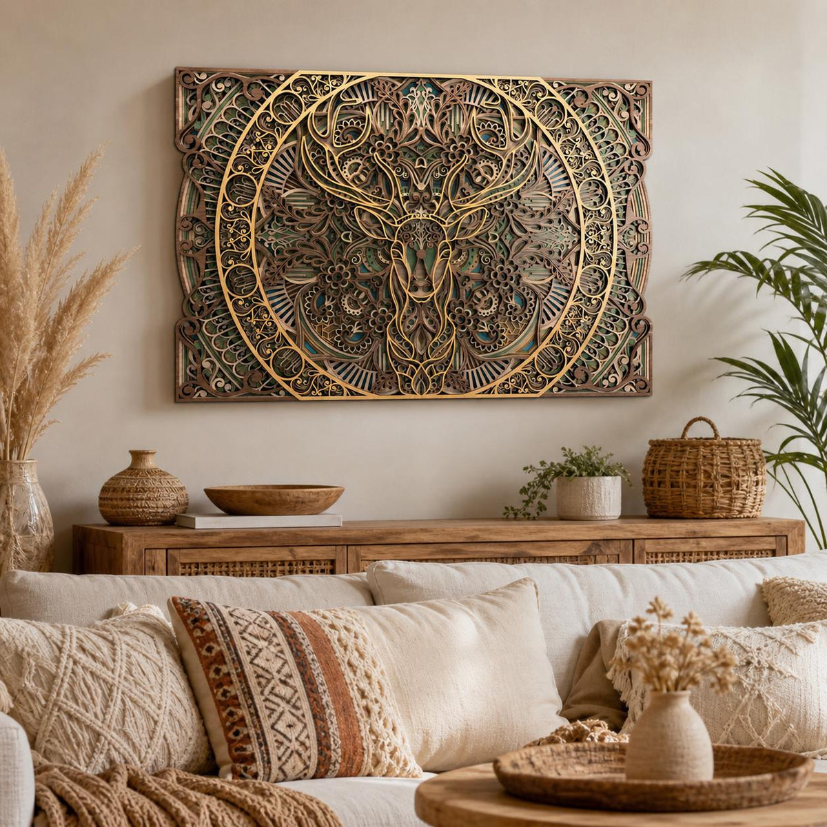 9-Layer Deer Mandala Wall Art – Layered Wooden Wildlife Decor