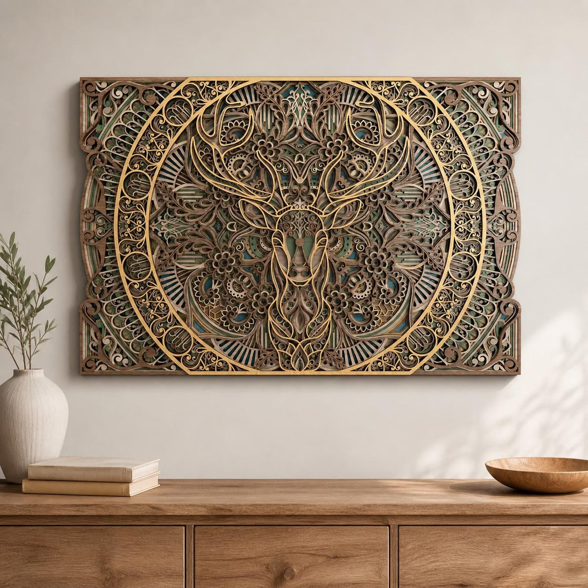 9-Layer Deer Mandala Wall Art – Layered Wooden Wildlife Decor